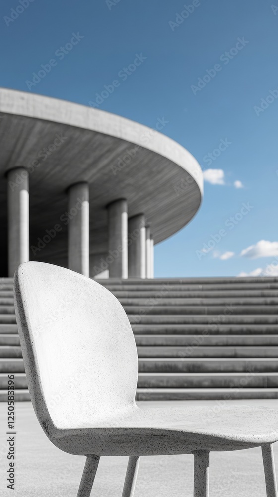 Poster Modernist Urban Chair Design Concrete Seating with Architectural Columns in Open Air - Business Environment Decor and Contemporary Urban Setting Content