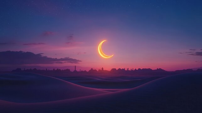 Panoramic dark blue twilight sky with crescent moon and shining star for ramadan kareem, eid mubarak, eid al-adha, eid al-fitr, and islamic new year background design, symbolizing peace, spirituality,