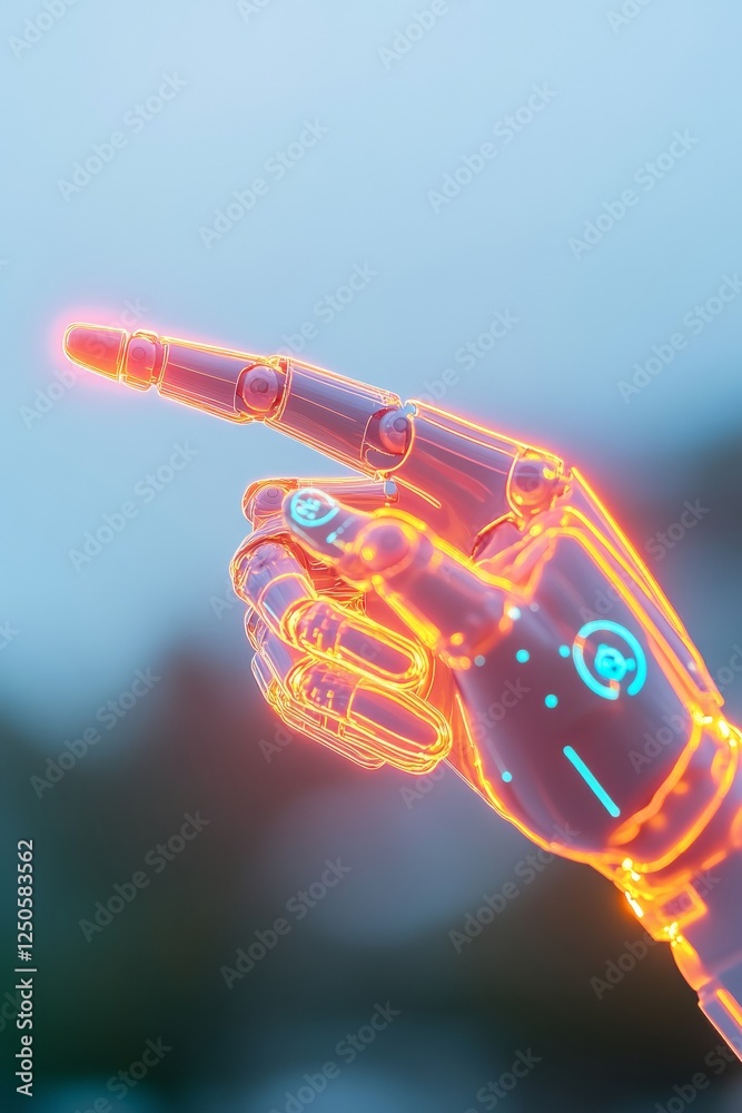 Aufkleber neon-futuristic robotic hand interface transparent cybernetic aesthetic with holographic connectivit