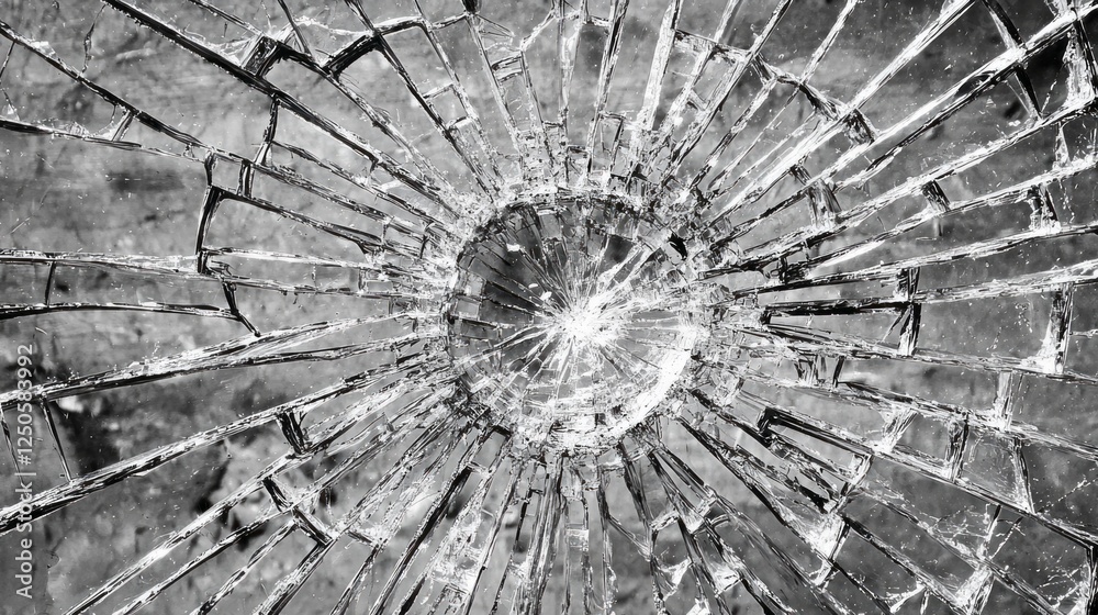 Poster fractured glass exhibits an intricate web of cracks that radiate outward, creating a striking visual