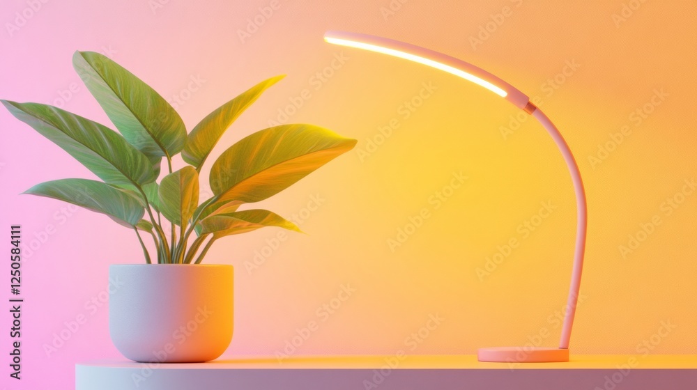 Poster retro-futuristic workspace curved desk and led lamp with geometric wallpaper for stylish home office