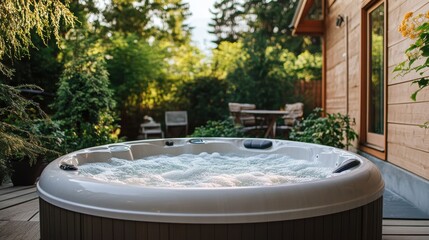 Fototapeta premium Relaxing Hot Tub in Lush Garden Backyard Setting