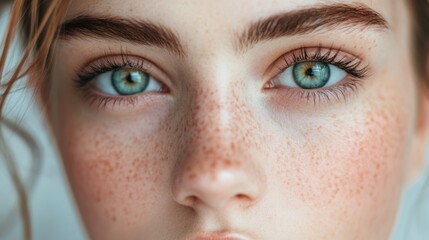 Obraz premium Microblading Eyebrows Close Up of Beautiful Freckled Face with Blue Eyes and Natural Makeup