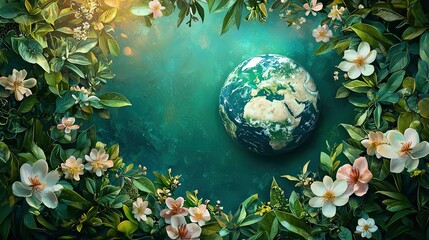 Earth day concept, Beautiful Earth Surrounded by Lush Green Leaves and Delicate Flowers in Vibrant Nature Scene