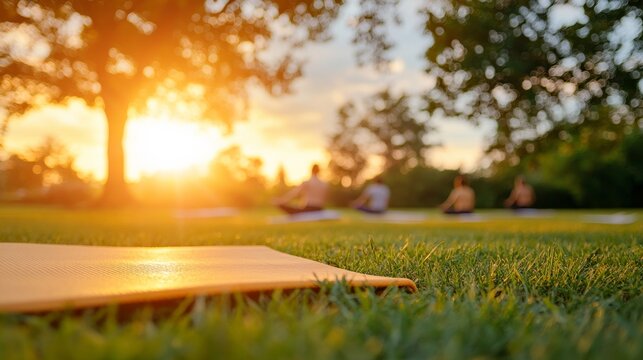 Sunrise Yoga in Urban Park Diverse Group Fosters Community Wellness and Mindfulness - Soft Natural Light and Tranquil Outdoor Setting for Holistic Health Industries