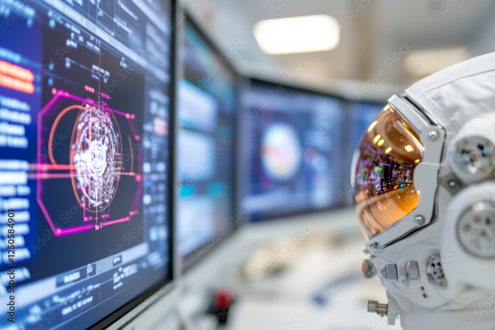 Aufkleber modern space mission monitoring futuristic control room with advanced tech displays and equipment fo