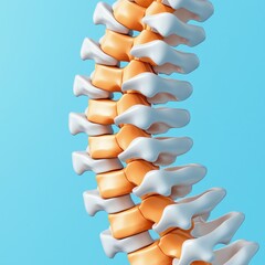 A detailed illustration of a human spine, showcasing vertebrae in orange and white against a blue background.