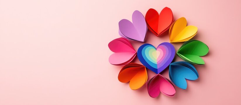 Multicolored paper hearts creating a vibrant flower with a rainbow center on a pink background symbolizing love and inclusivity in the LGBT community