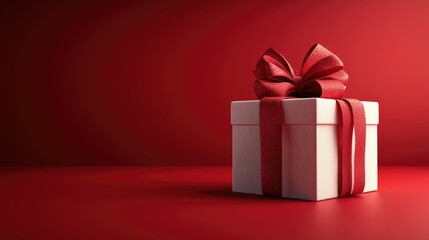 A closed gift box with a smooth, white exterior adorned with a large,