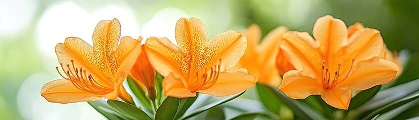 Orange azaleas bloom in garden, soft focus background, spring