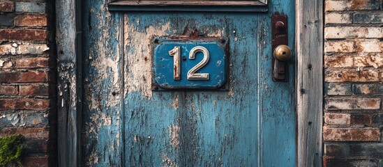 Vintage house exterior with blue metal number 12 on weathered brick wall showcasing rustic architectural charm and character.