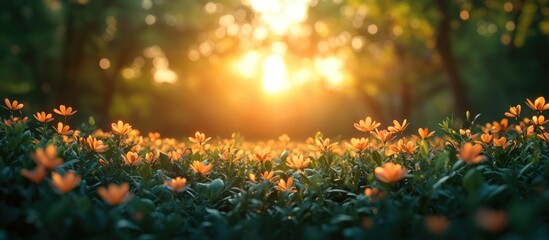 Serene sunlit garden with blurred flowers creating a tranquil nature background for relaxation and mindfulness themes