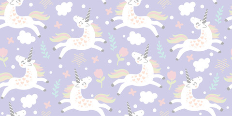 Seamless pattern with cute doodle unicorns on a colored background. Vector illustration. For packaging paper, printing and design on fabric, textile, dishes and bed linen. Cute children s background.