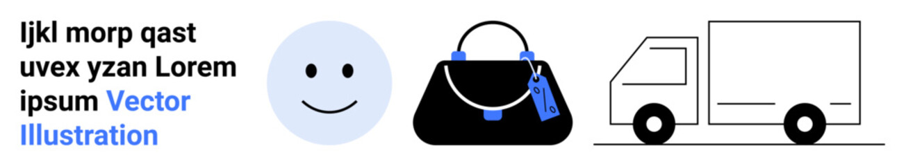 Fototapeta premium Minimalistic happy face, fashion handbag, and delivery truck alongside placeholder text. Ideal for e-commerce, logistics, fashion, customer service, branding, retail flat landing page banner