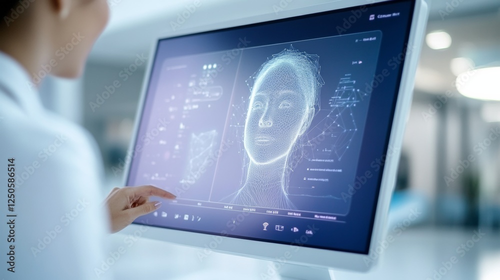 Fototapete digital facial recognition interface sleek monitor in modern conference room boosting global virtual