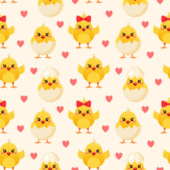 Seamless pattern with cute yellow chickens