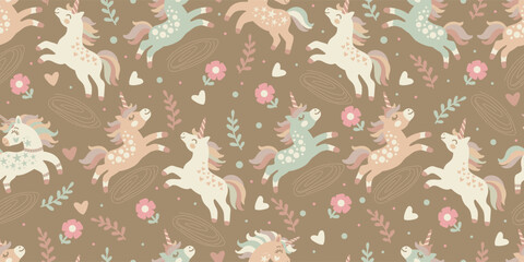 Seamless pattern with cute doodle unicorns on a colored background. Vector illustration. For packaging paper, printing and design on fabric, textile, dishes and bed linen. Cute children s background. © alinart