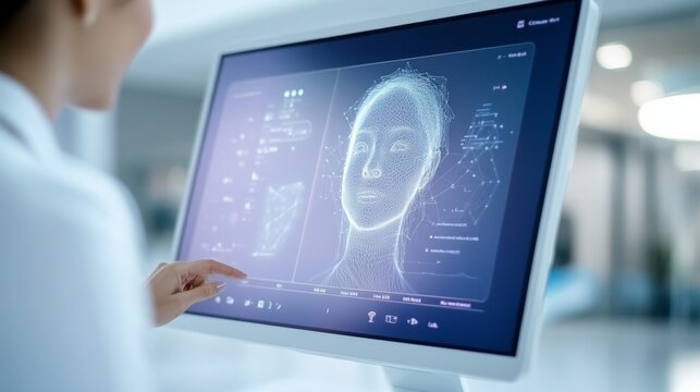 Digital Facial Recognition Interface Sleek Monitor in Modern Conference Room Boosting Global Virtual Team Collaborations for Tech and Business Innovation