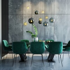 Modern dining room with a black and green color scheme featuring a long rectangular table with dark wood veneer and eight chairs with emerald green velvet upholstery and black metal frames The ceiling