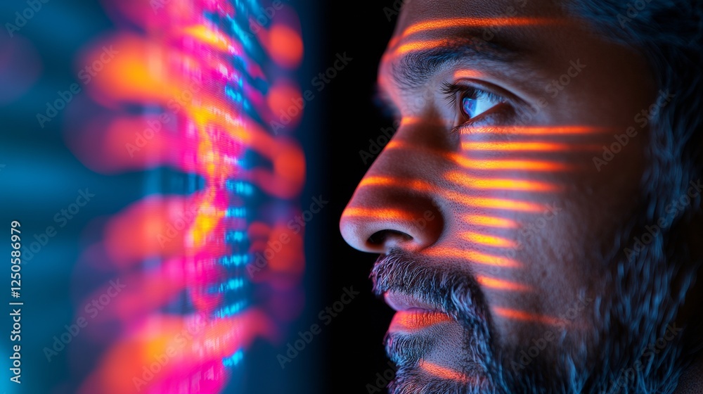 Poster futuristic biohacking research indian scientist analyzing dna on high-tech screen - innovative genet