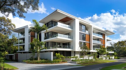 Contemporary apartment complex showcasing elegant balconies and a pristine white facade amid a lush green landscape.