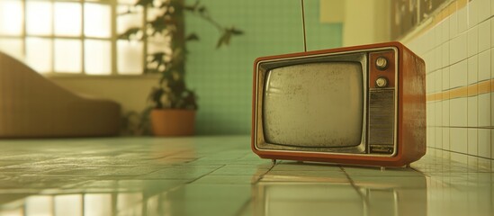 Retro television on tiled floor with filter effect showcasing nostalgic ambiance and vintage style...