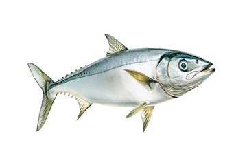 Fototapeta premium Fresh mackerel fish with detailed scales and fins isolated on white transparent background. Concept of seafood and marine life