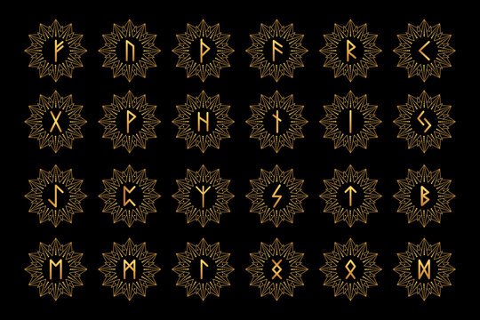 Collection of  nordic runes with golden gradient color on black background.