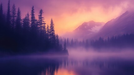 Fototapeta premium Misty mountain lake at sunrise with blurred trees in foreground showcasing serene purple and orange hues in tranquil landscape scene
