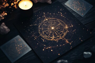 Celestial Zodiac Visuals Mystical Tarot and Crystal Arrangement on Dark Wood for Spiritual Branding and Wellness Marketing in Modern Esoteric Spaces