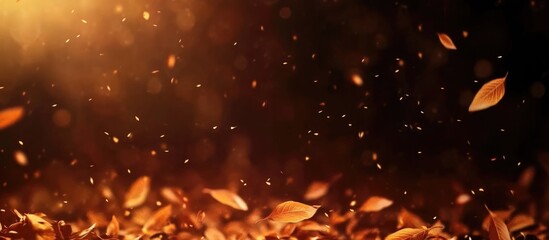 Minimalistic Dark Brown Nature Background with Autumn Leaves Bokeh and Ample Copy Space for Text or Graphics Usage