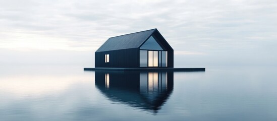 Modern minimalist coastal house with serene water reflection and ample blank space for text or branding elements