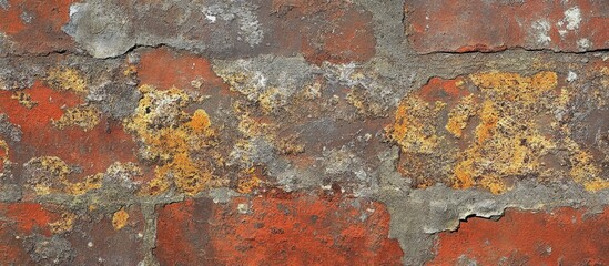 Weathered brick wall texture with peeling paint and lichen growth, ideal for backgrounds, architecture, and vintage design projects.