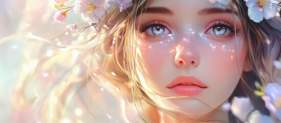 Enchanting close-up of a serene young woman adorned with floral accessories and soft sunlight highlighting her delicate features.