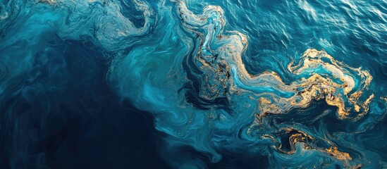 Blue water affected by oil pollution showing swirling patterns and reflections, illustrating environmental impact on marine ecosystems.
