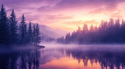 Fototapeta premium Misty mountain lake at sunrise with blurred trees serene purple and orange hues reflecting in calm waters tranquil natural landscape