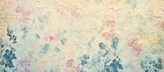 Vintage pastel floral paper texture with subtle colors and a crinkled appearance ideal for backgrounds and artistic designs.
