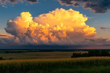 Sunset, golden cumulus cloud over farmland, storm approaching