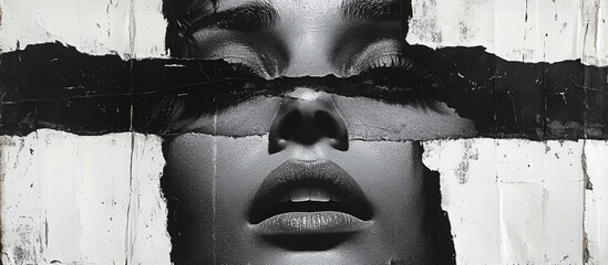 Vintage black and white collage of torn posters featuring a woman's face with a grunge paper texture background.