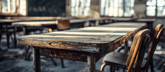 Vintage wooden tables and chairs for sale in an abandoned school classroom with sunlight streaming through dusty windows