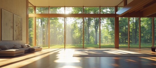 Spacious modern living room with abundant natural light and large windows showcasing serene outdoor views and empty text area.