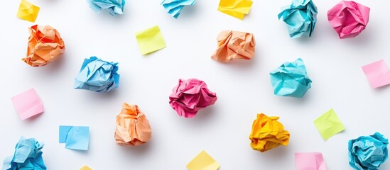 Colorful sticky notes and crumpled paper balls scattered on a white surface representing brainstorming and creativity in an office setting