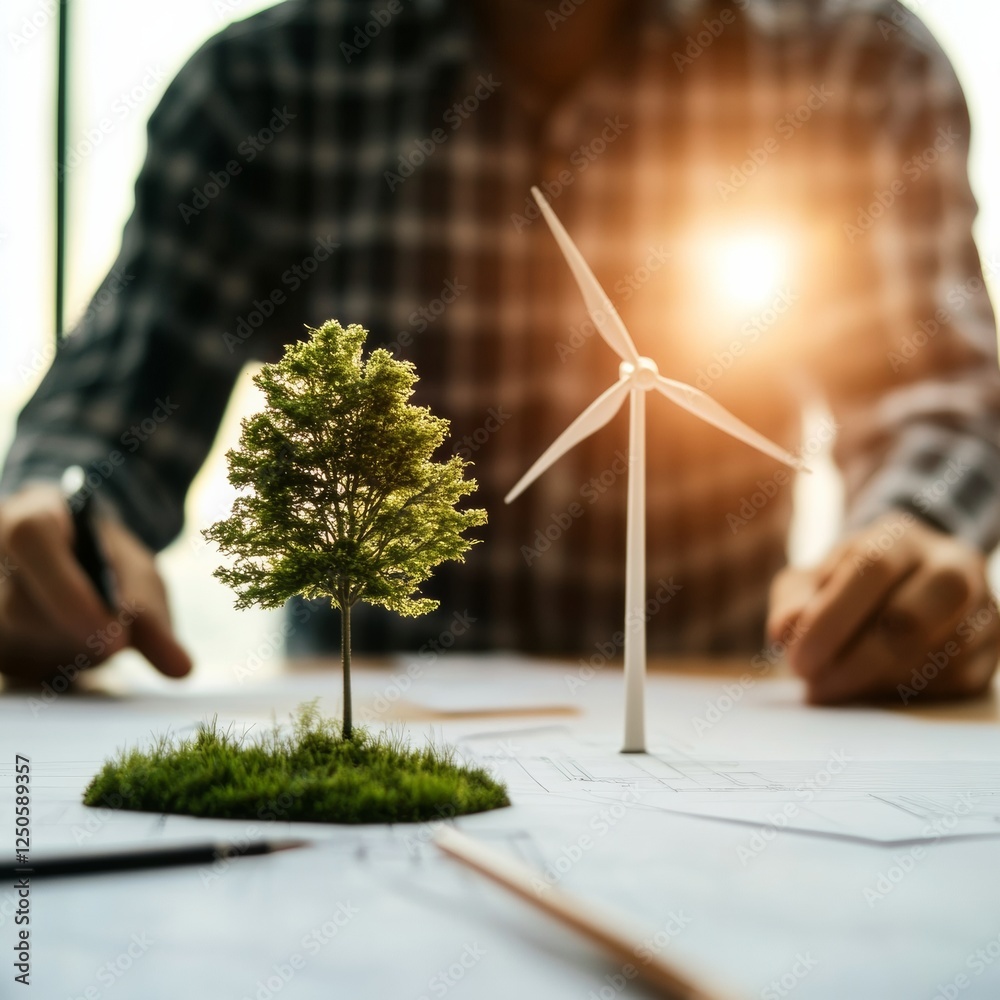 Leinwandbilder modern eco-design workspace engineering blueprint with windswept turbine and tree models - sustainab