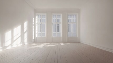 Fototapeta premium Bright and Airy Minimalist Interior with White Walls and Natural Light Streaming Through Windows