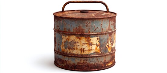 Fototapeta premium Rusty vintage metal canister for kerosene and gasoline showcasing weathered texture on a white background perfect for vintage home decor or art.