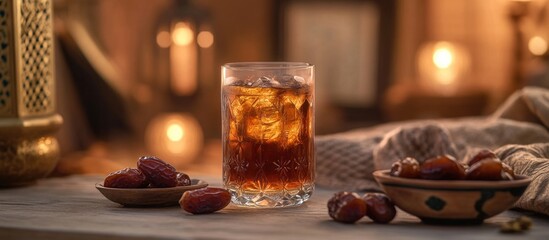 Nabeez traditional date-infused beverage served in a glass, symbolizing Ramadan iftar with warm ambient lights and dates on the table.