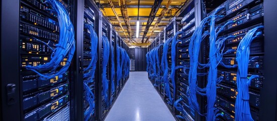 Data center server room featuring advanced hardware with organized cabling and ample space for text overlay showcasing technology solutions