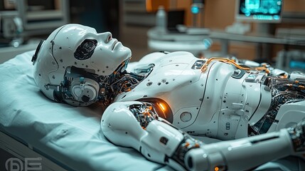 A close-up view of a surgical setup featuring robotic arms and a high-tech surgical instrument.