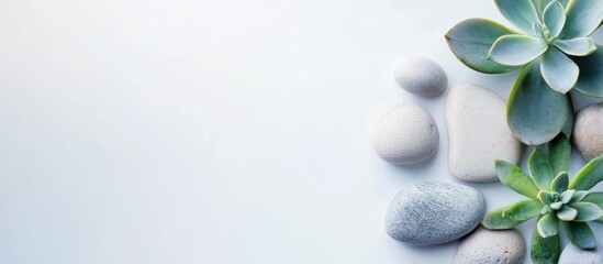 Fototapeta premium Minimalist Decor with Succulent Plants and Smooth Stones on White Background for Text Placement and Design Inspiration