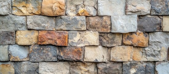 Vintage stone wall texture showcasing a natural pattern of different colored bricks and stones for architectural and design applications.